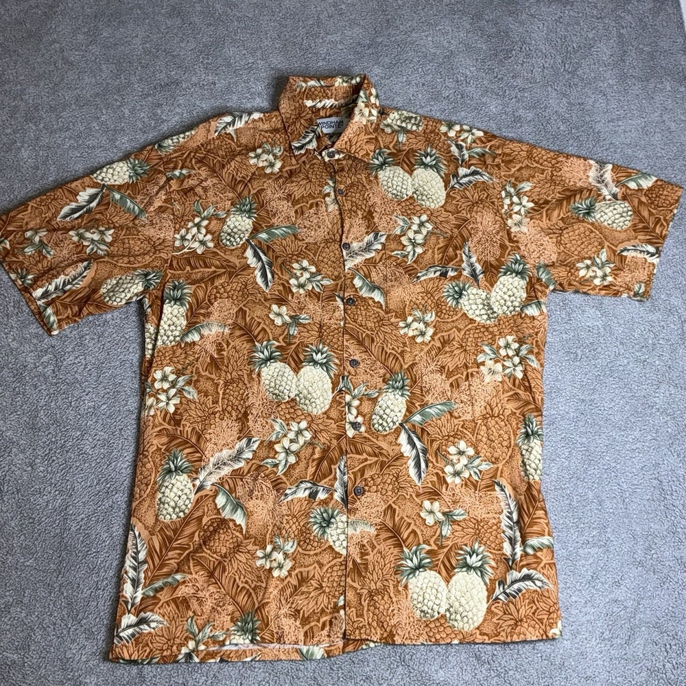 Vintage Windham Pointe Hawaiian Aloha Button Up Shirt Mens M Pineapple Orange